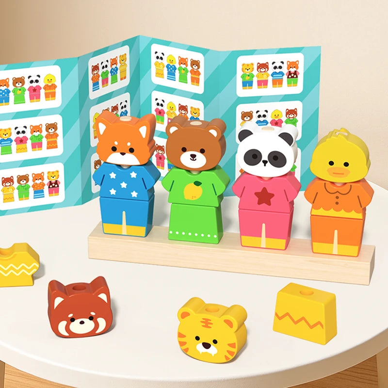 Wooden Children's Animal Changing Clothes Column Pattern Matching Color Recognition Fine Motor Training Game Educational Toys