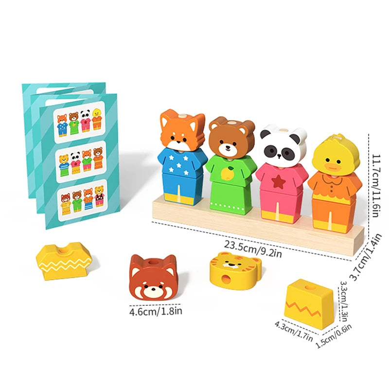 Wooden Children's Animal Changing Clothes Column Pattern Matching Color Recognition Fine Motor Training Game Educational Toys