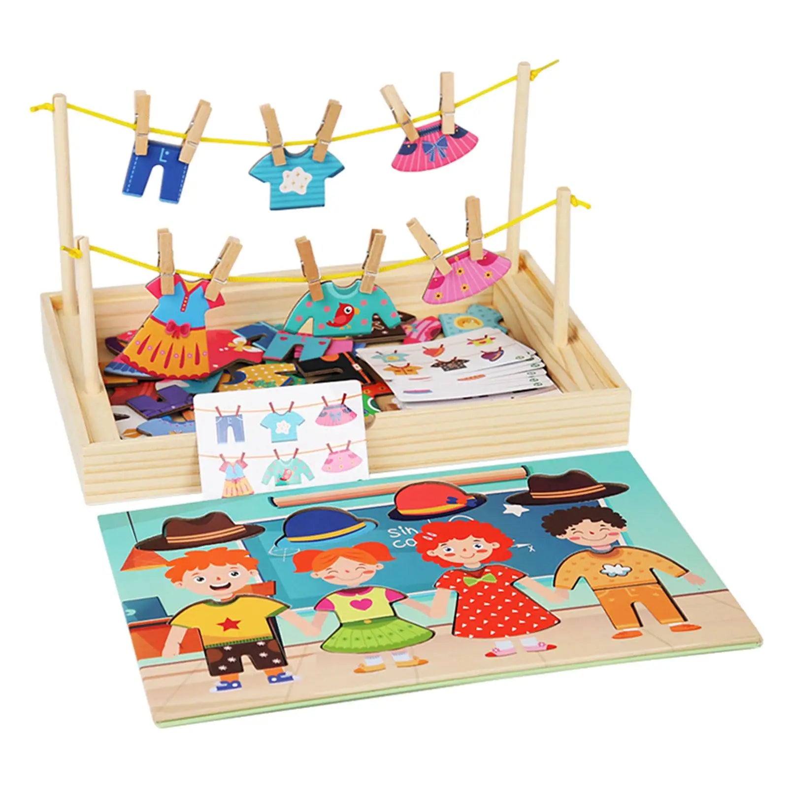 Wooden Dress up Puzzles Matching Game Drying Clothes Early Educational Montessori Toy Kids Puzzle Set for Children Boys Girls
