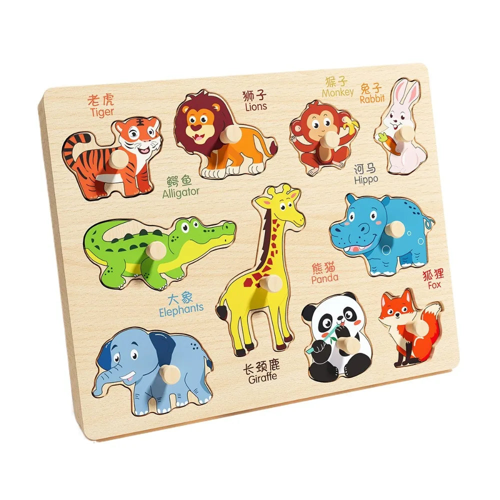 Montessori Hand Grab Boards Toys Cartoon Shape Matching Tangram Jigsaw Game Multifunction Creative Wooden Puzzle Toys Kids