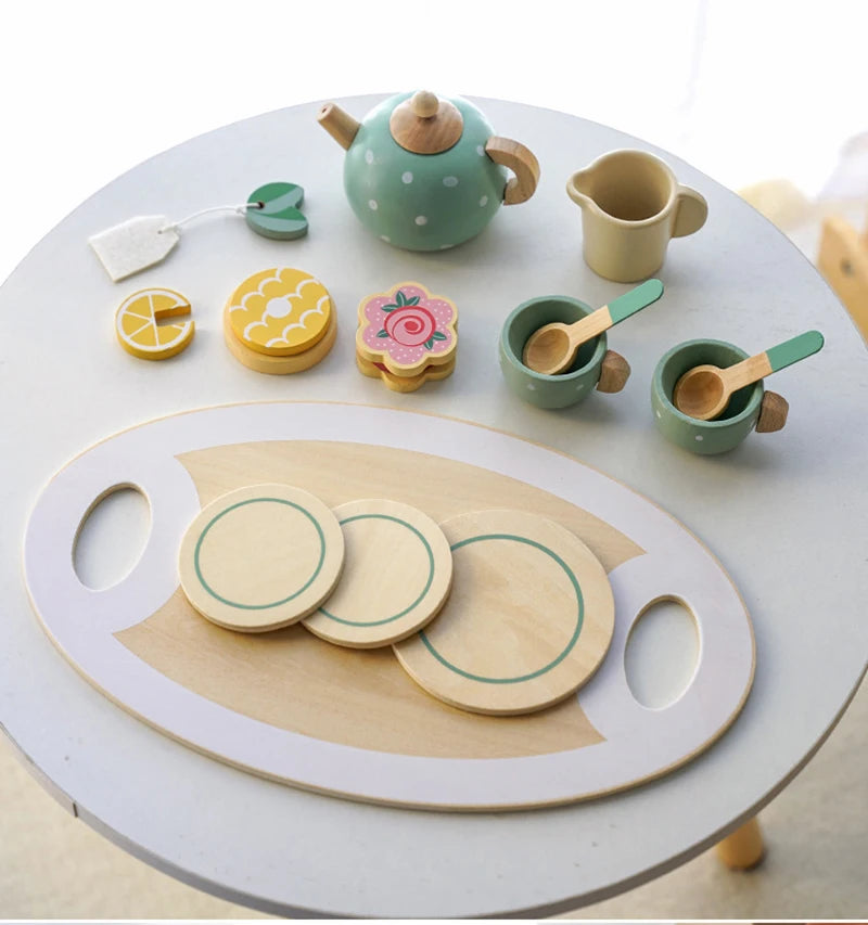 Wooden Afternoon Tea Set Toy Kitchen Accessories Tea Party Food Play Early Educational Toys for Toddlers Girls Boys Kids Gifts