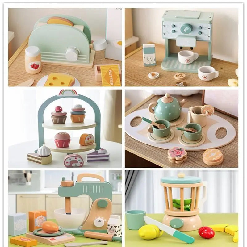 Wooden Pretend Play Kitchen Toys Coffee Machine Mixer Ice Cream Cake Toy Kids Play Food Teapot Cup Tea Set for Boys Girls Gifts