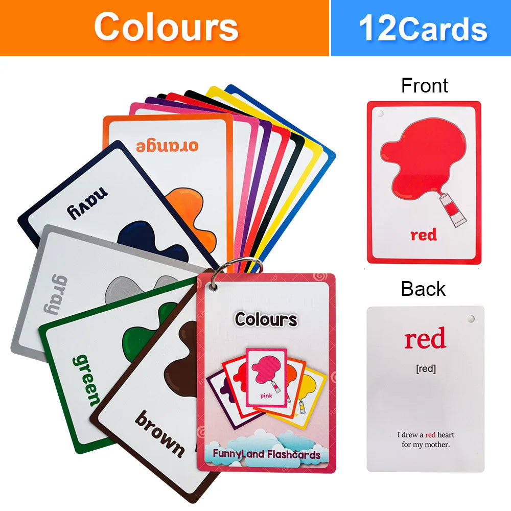 12Pcs Colours Theme English Flash Cards for Kids Baby Double Side Montessori Educational Learning Card Teaching Aids