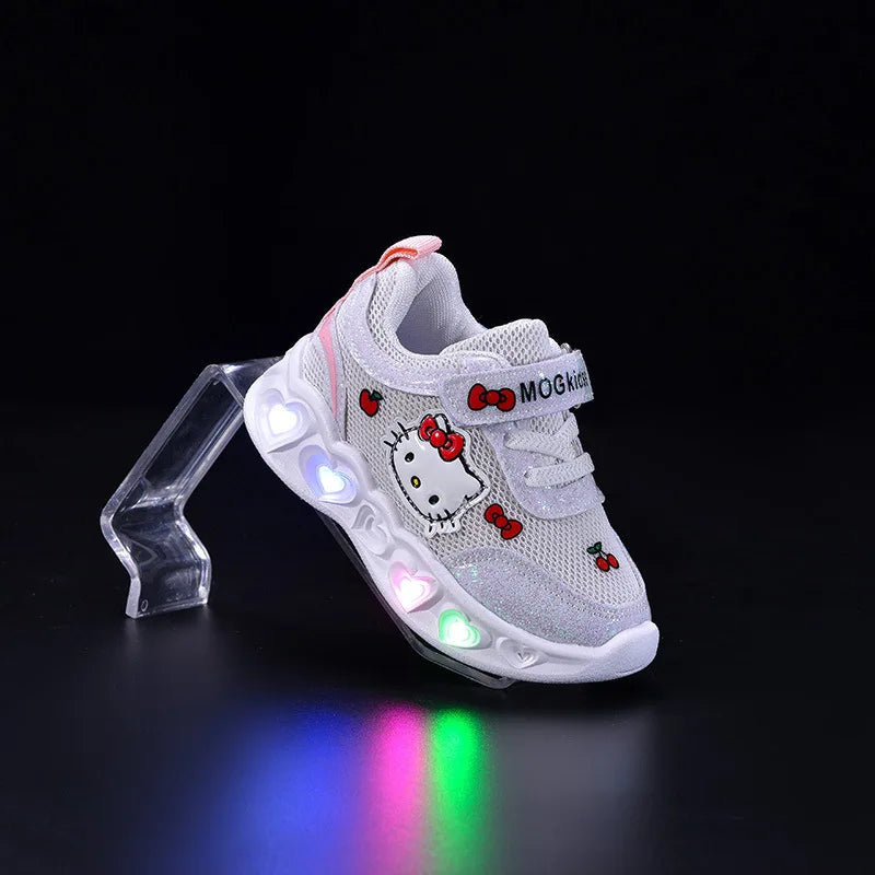 Kids'Casual Shoes Girls Led Light Cartoon PU Leather Fashion Sport Flat Bottom Shoes Breathable White Pink Size 21-30
