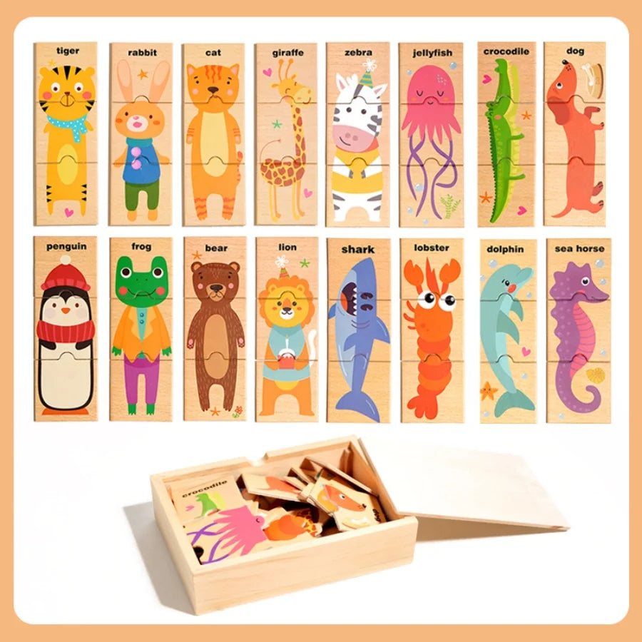 Children's puzzle cartoon animal shape matching puzzle, baby early education English word cognition puzzle board, wooden toy