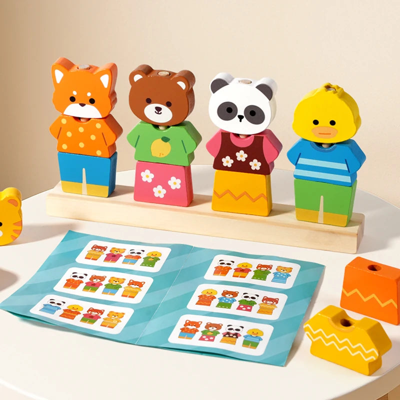 Wooden Children's Animal Changing Clothes Column Pattern Matching Color Recognition Fine Motor Training Game Educational Toys
