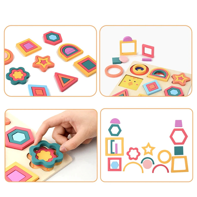 Baby Monterssori Toy Wooden Jigsaw Puzzle Geometric creative jigsaw 3D Puzzle Preschool toys for children's Early Educational