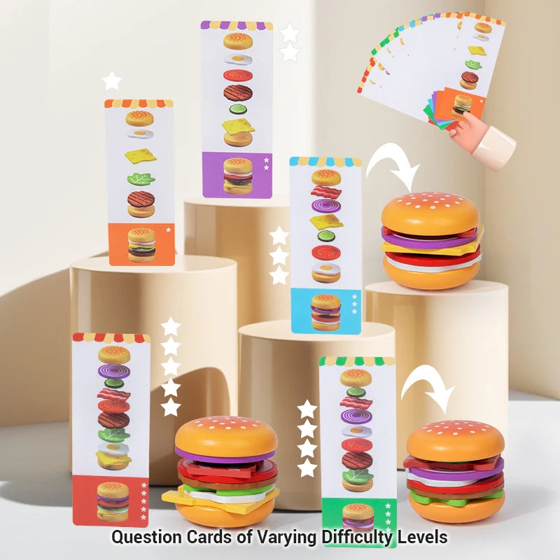 Montessori Wooden Hamburger Pretend Play Toy Educational Simulation Food Matching Stacking Game with Cards for Kids 2 Years Gift