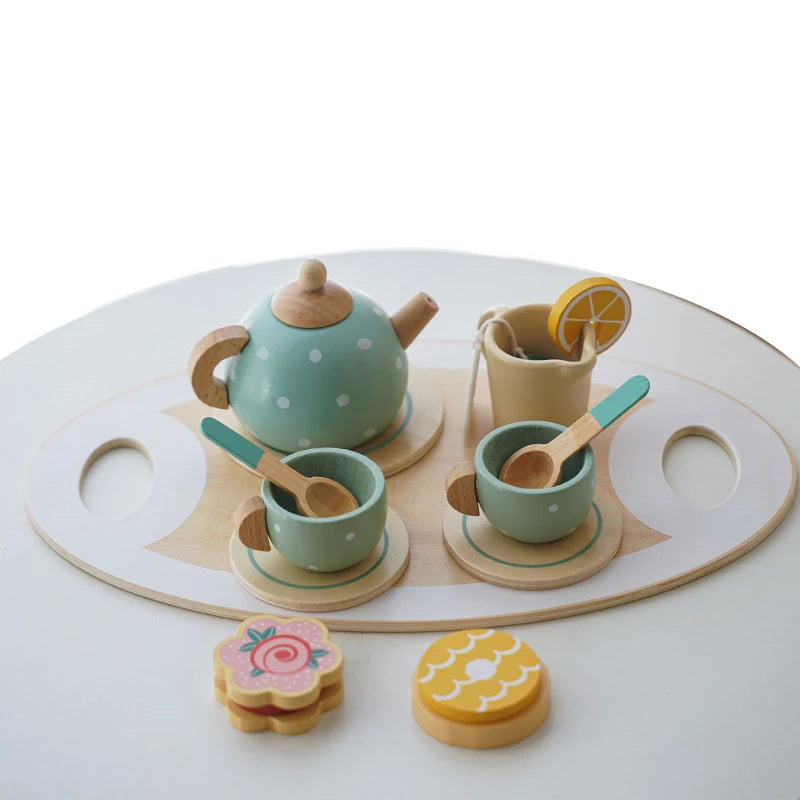 Wooden Pretend Play Kitchen Toys Coffee Machine Mixer Ice Cream Cake Toy Kids Play Food Teapot Cup Tea Set for Boys Girls Gifts