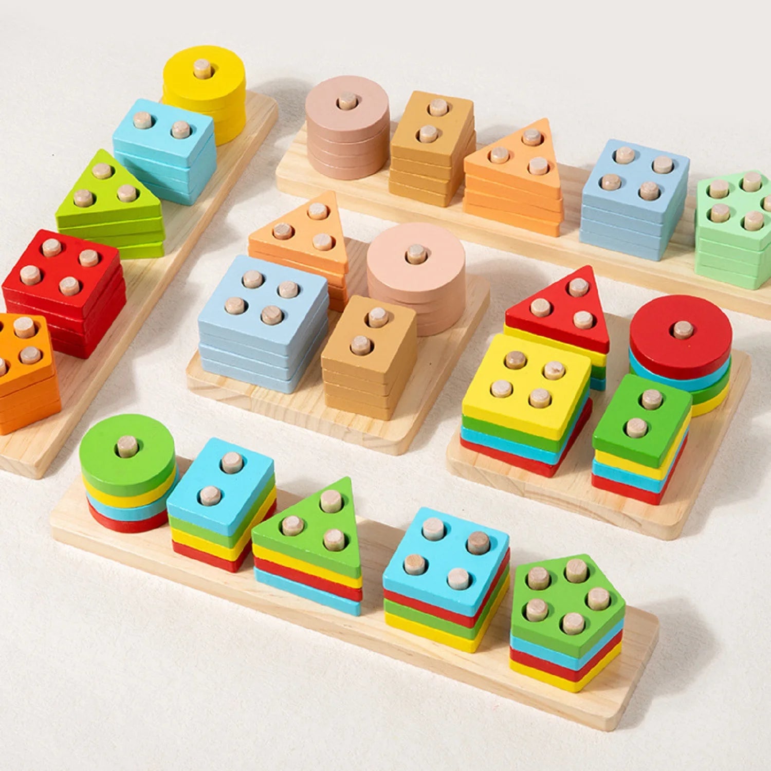 Wooden set of post building blocks baby fine motor toddler early education geometric shape matching color cognition classificati
