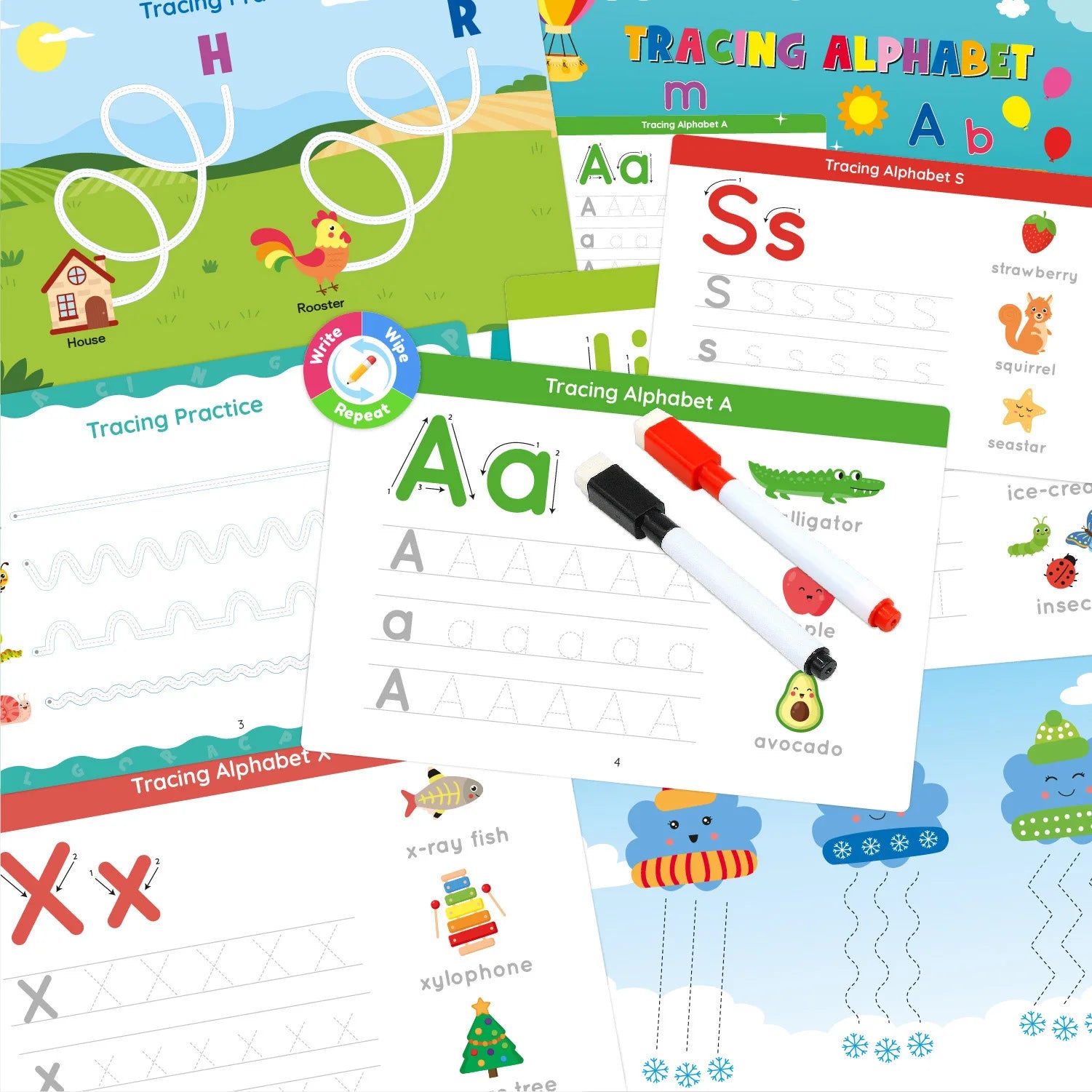 Children's Montessori Early Education Handwriting Exercise Book Reusable Word Writing Practice with Pen Training Card