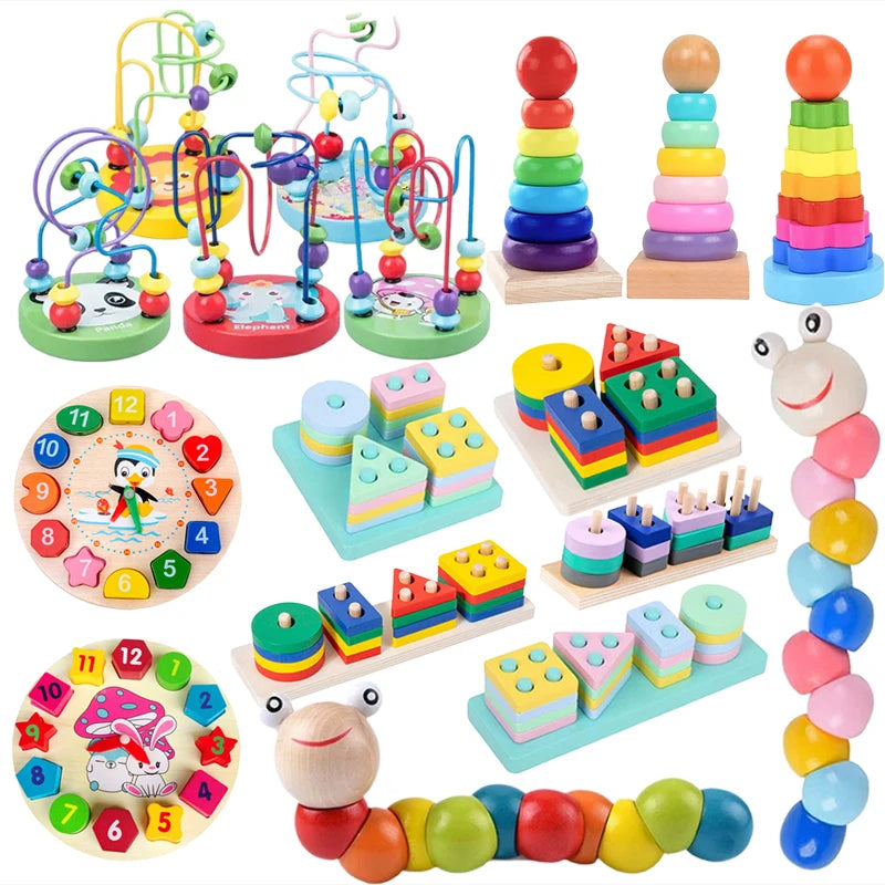 Children Wooden Toys Shape Matching Kids Montessori Early Education Toy Clock Rainbow Tower Caterpillar Around Beads Gifts TMZ