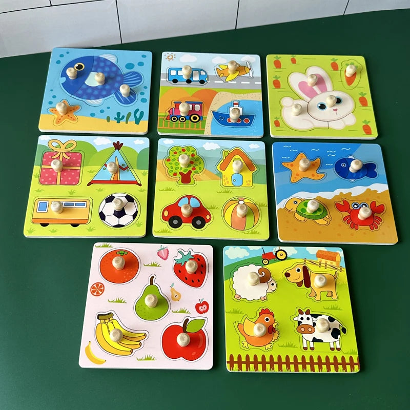 Baby Toys Montessori Wooden Puzzles Hand Grab Boards Toys Kids Early Learning Educational Cartoon Animal Fruit Vehicle Cognitive