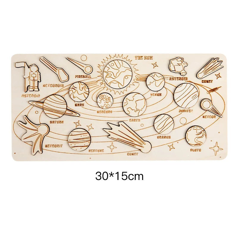 Children Wooden Space Planet Puzzles Montessori Toys Planet Matching Game Jigsaw Tray Universe Solar System Science Learning Toy