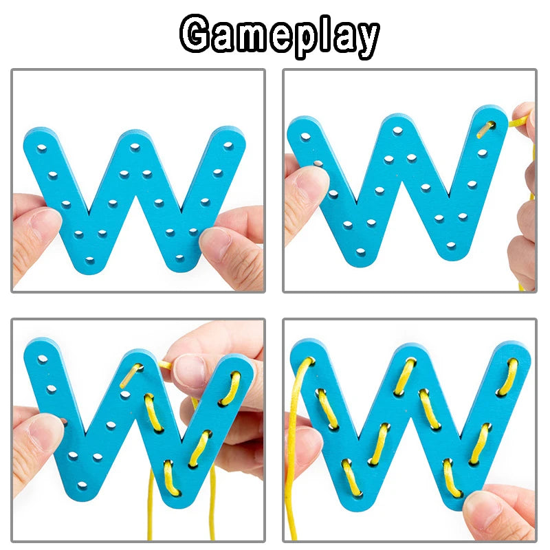 Wooden Number Letter Rope Game Early Education Cognitive Handmade Rope Letter Educational Toys Hand Eye Coordination Training