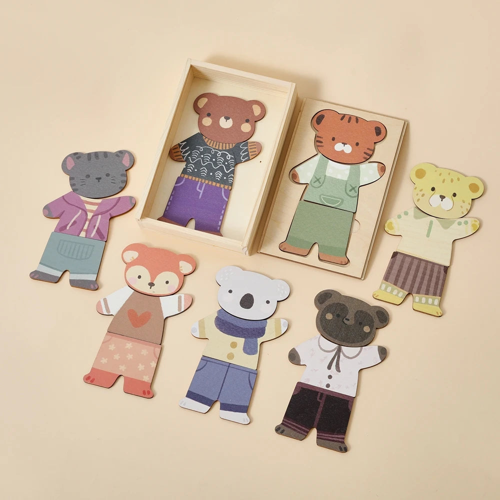 Wooden Dress Up Puzzles Montessori Toys Dressing Animal Bear Change Clothes Jigsaw Puzzle Box Kid's Travel Set Matching Games