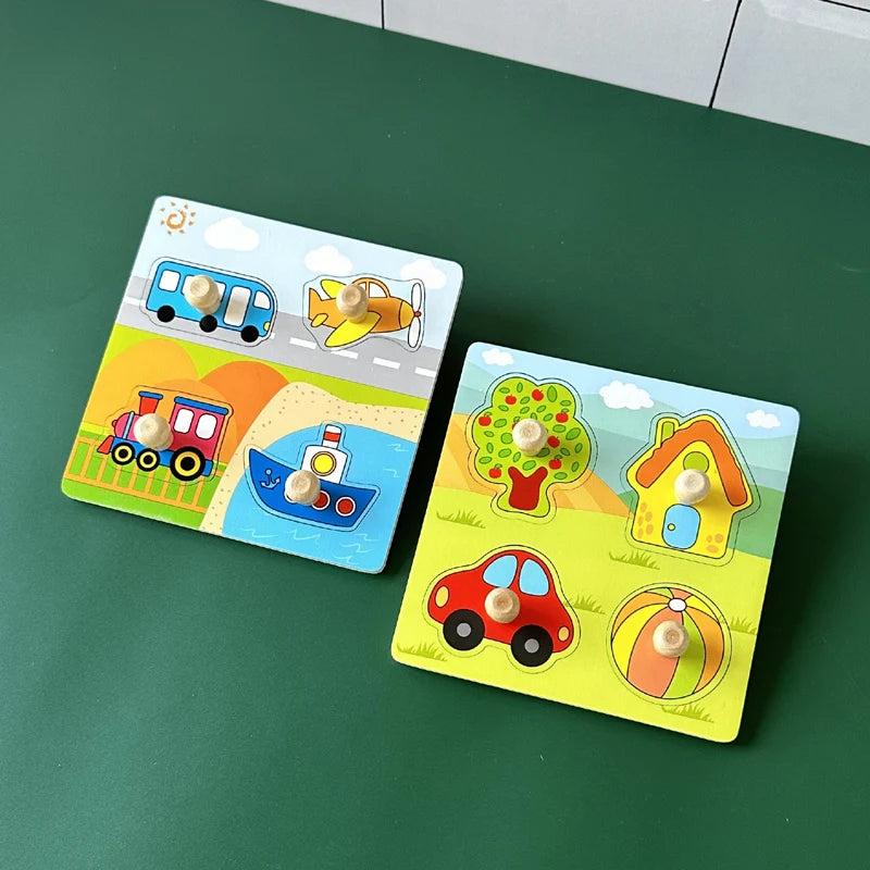 Baby Toys Montessori Wooden Puzzles Hand Grab Boards Toys Kids Early Learning Educational Cartoon Animal Fruit Vehicle Cognitive