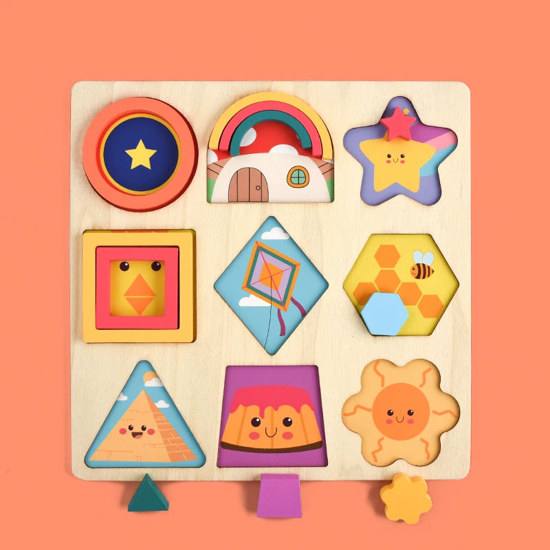 Baby Monterssori Toy Wooden Jigsaw Puzzle Geometric creative jigsaw 3D Puzzle Preschool toys for children's Early Educational