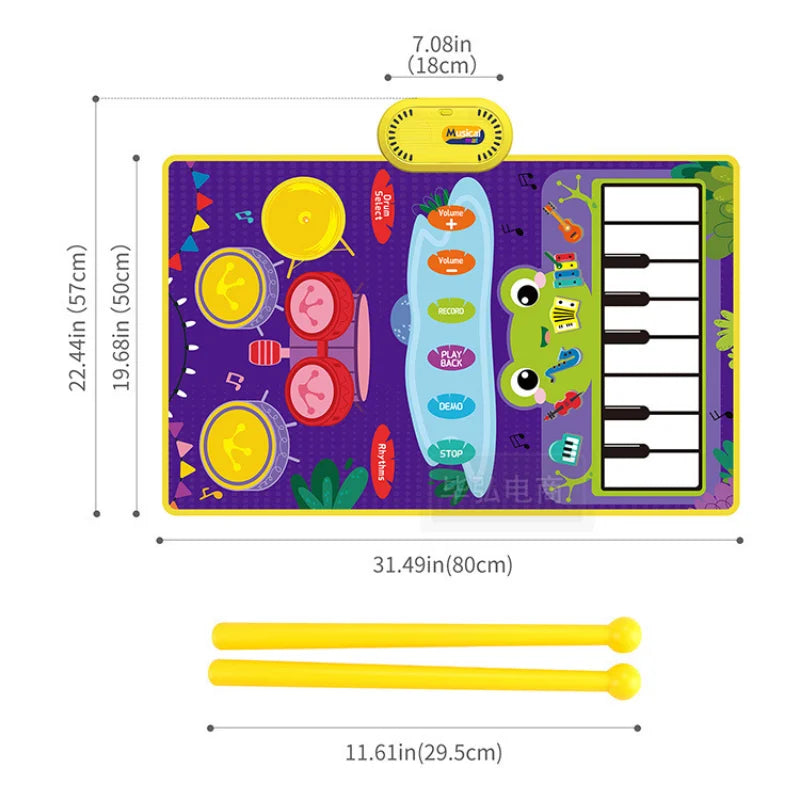 Baby Musical Piano Drum Play Mat 2 in 1 for Kids Toddlers Floor Keyboard Dance Mat with Sounds Baby Toy Music Blanket