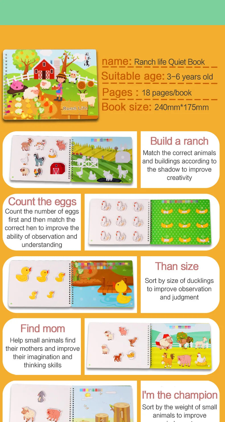 Montessori Busy Book for Kids Toddlers Educational Toys Baby Diy Paste Quiet Book Children Animals Numbers Matching Puzzles Toys