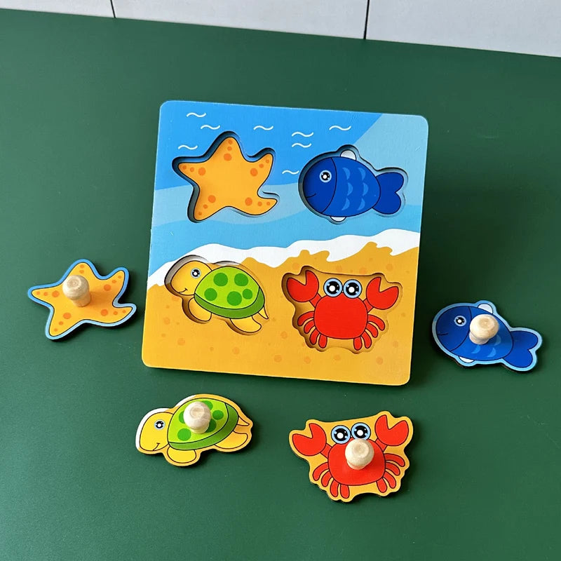 Baby Toys Montessori Wooden Puzzles Hand Grab Boards Toys Kids Early Learning Educational Cartoon Animal Fruit Vehicle Cognitive