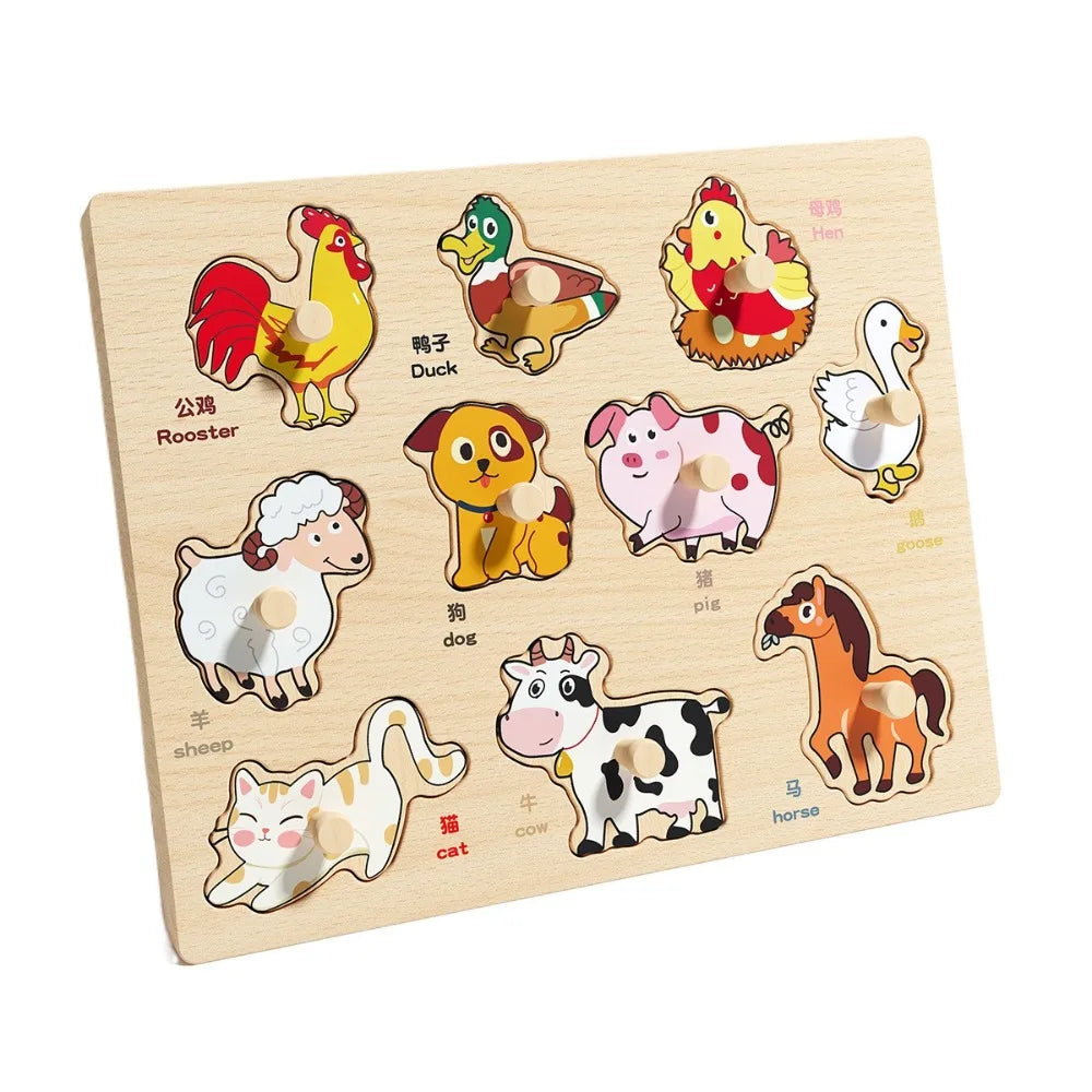 Montessori Hand Grab Boards Toys Cartoon Shape Matching Tangram Jigsaw Game Multifunction Creative Wooden Puzzle Toys Kids