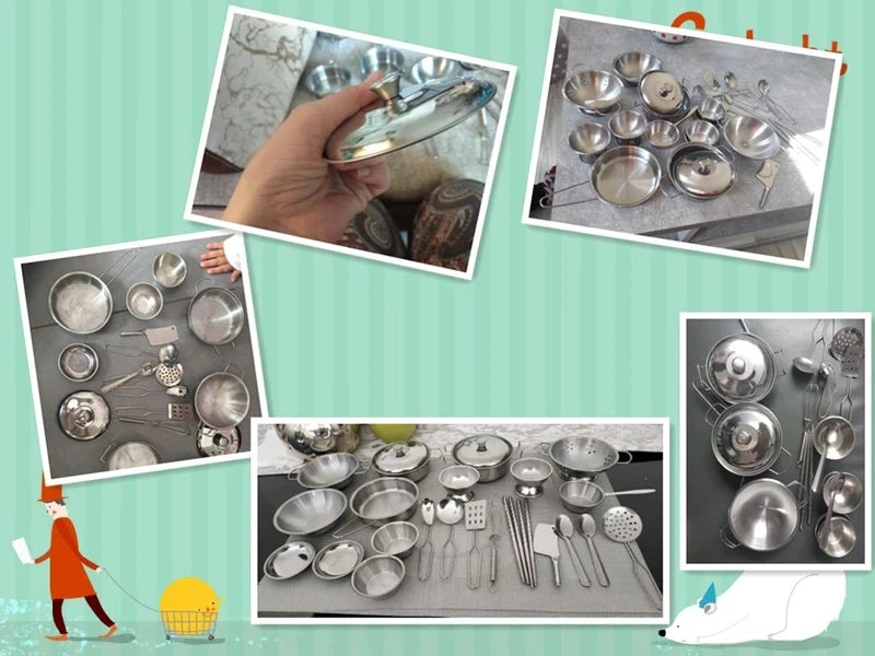 Stainless Steel Action Figures Kids Kitchen Toys Cooking Cookware Children Kitchen Tableware Pretend Role Play Toy for Kids