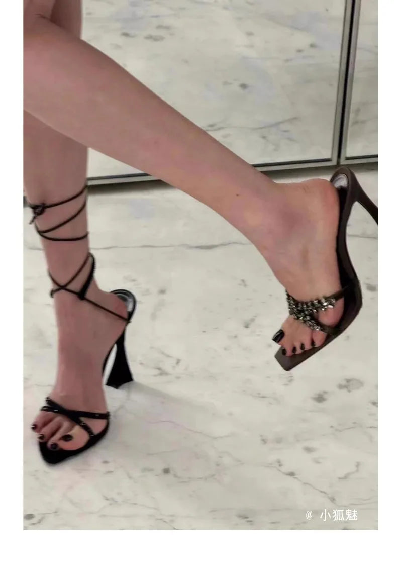 2025 Summer Women's High Heel Sandals Cross Rhinestone Square Head Open Toe Sandals Silk Sexy Stiletto High Heels Mules