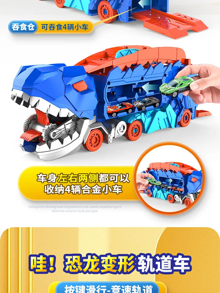 New Product Folding Dinosaur Transporter Car Competitive Game Roll To Eat Car Vehicle Racing Track With Mini Car Kid Gift Toy