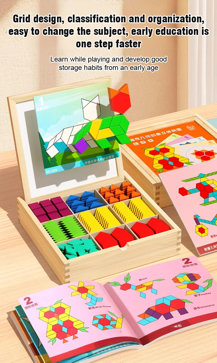 Magnetic Building Blocks Wooden Geometric Puzzle Exercise for Brain Intelligence Development Geometric Thinking Training for 2-8