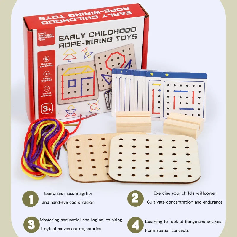 Wooden Montessori Teaching Aid Geometry Rope Threading Games Children's Early Education Thinking Training Board Educational Toys