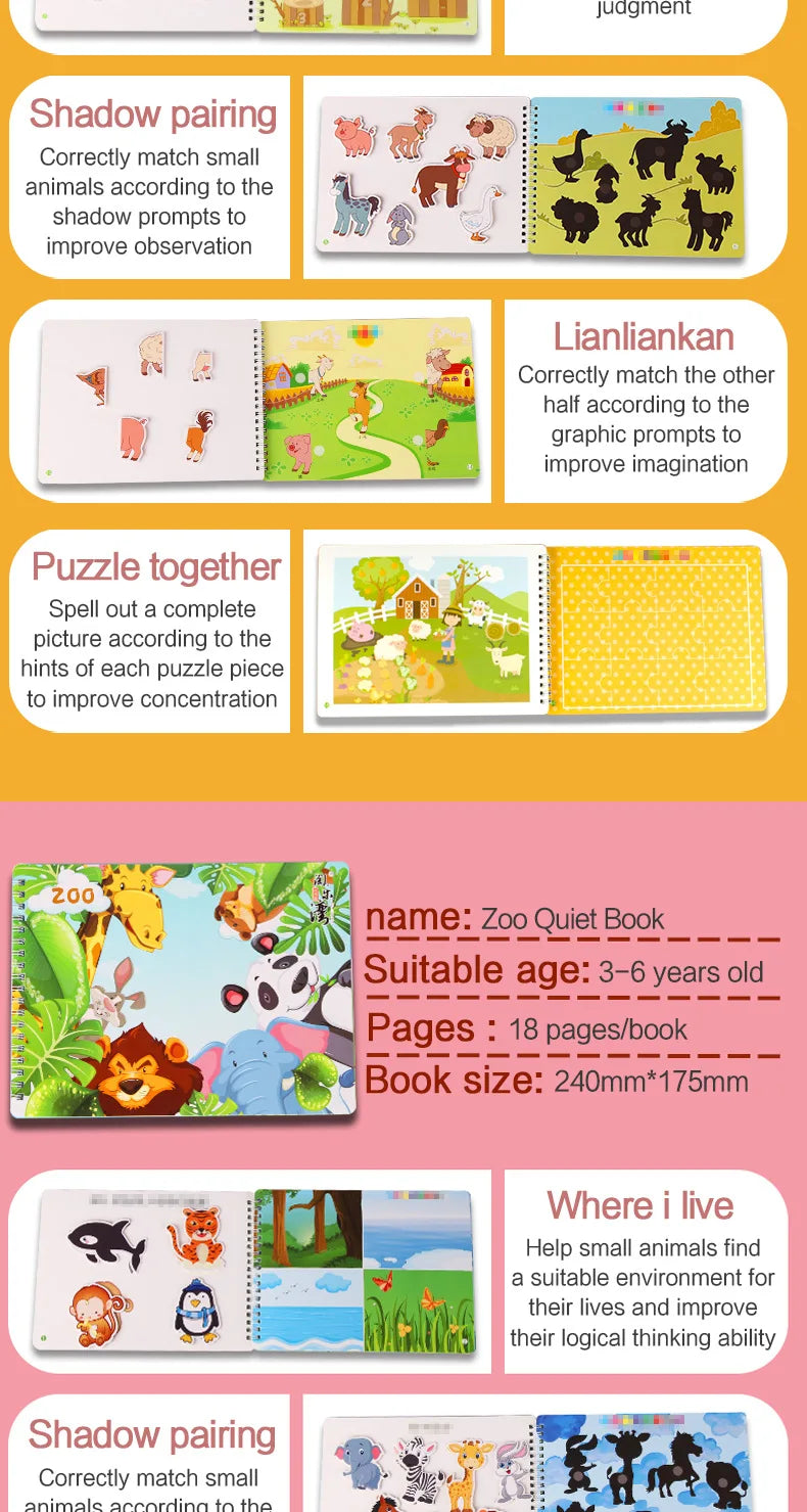 Montessori Busy Book for Kids Toddlers Educational Toys Baby Diy Paste Quiet Book Children Animals Numbers Matching Puzzles Toys