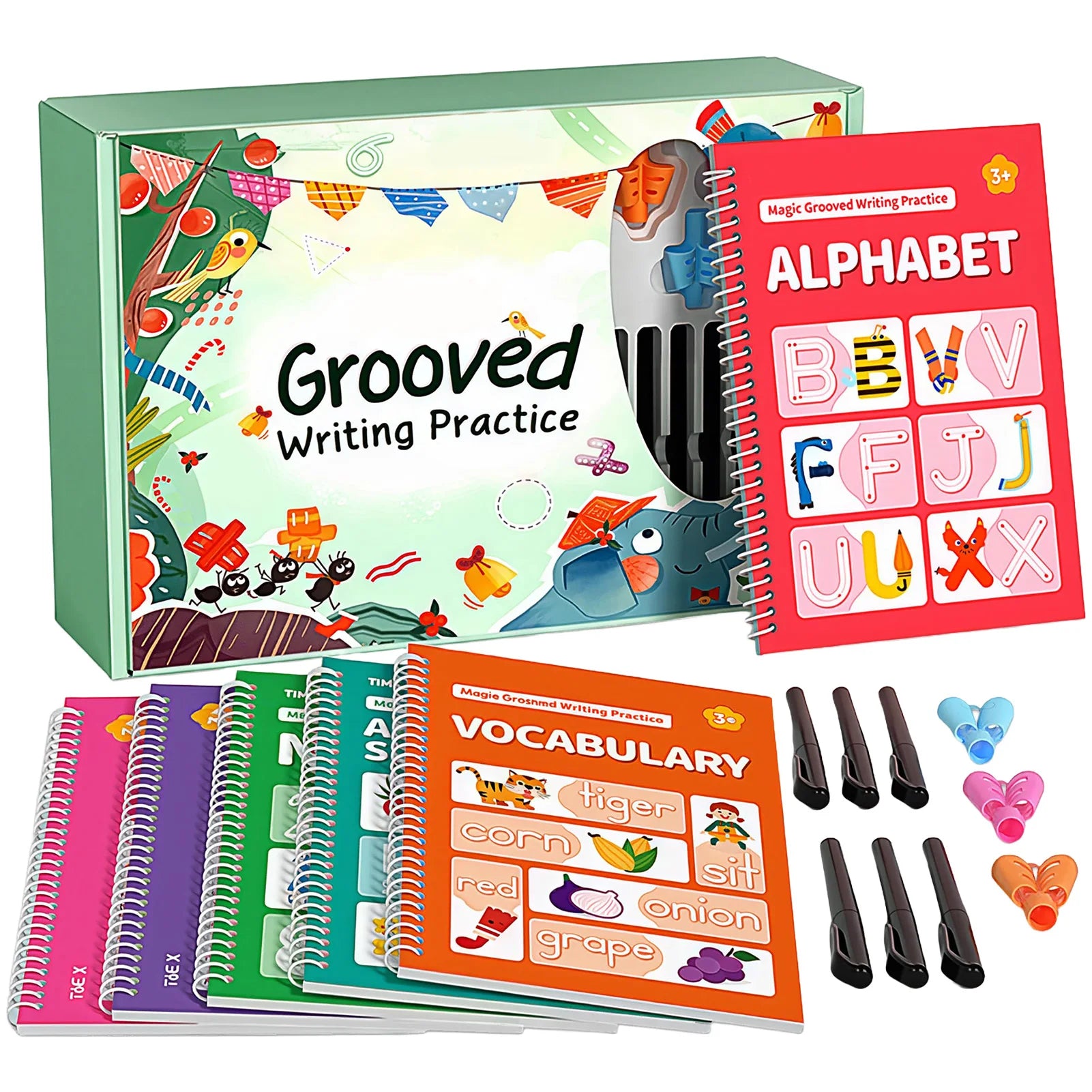 Kids Calligraphy Practice Book with Writing Correction Guide Reusable Handwriting Book with 6 Erasable Pens and 3 Grips