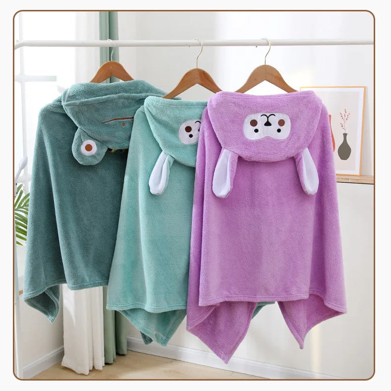 Cartoon Animal Hooded Bath Towel for Kids Coral Fleece Super Absorbent Non Shedding Bathrobe Cape for Toddler Baby