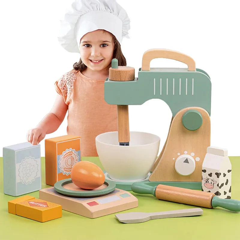 Wooden Pretend Play Kitchen Toys Coffee Machine Mixer Ice Cream Cake Toy Kids Play Food Teapot Cup Tea Set for Boys Girls Gifts