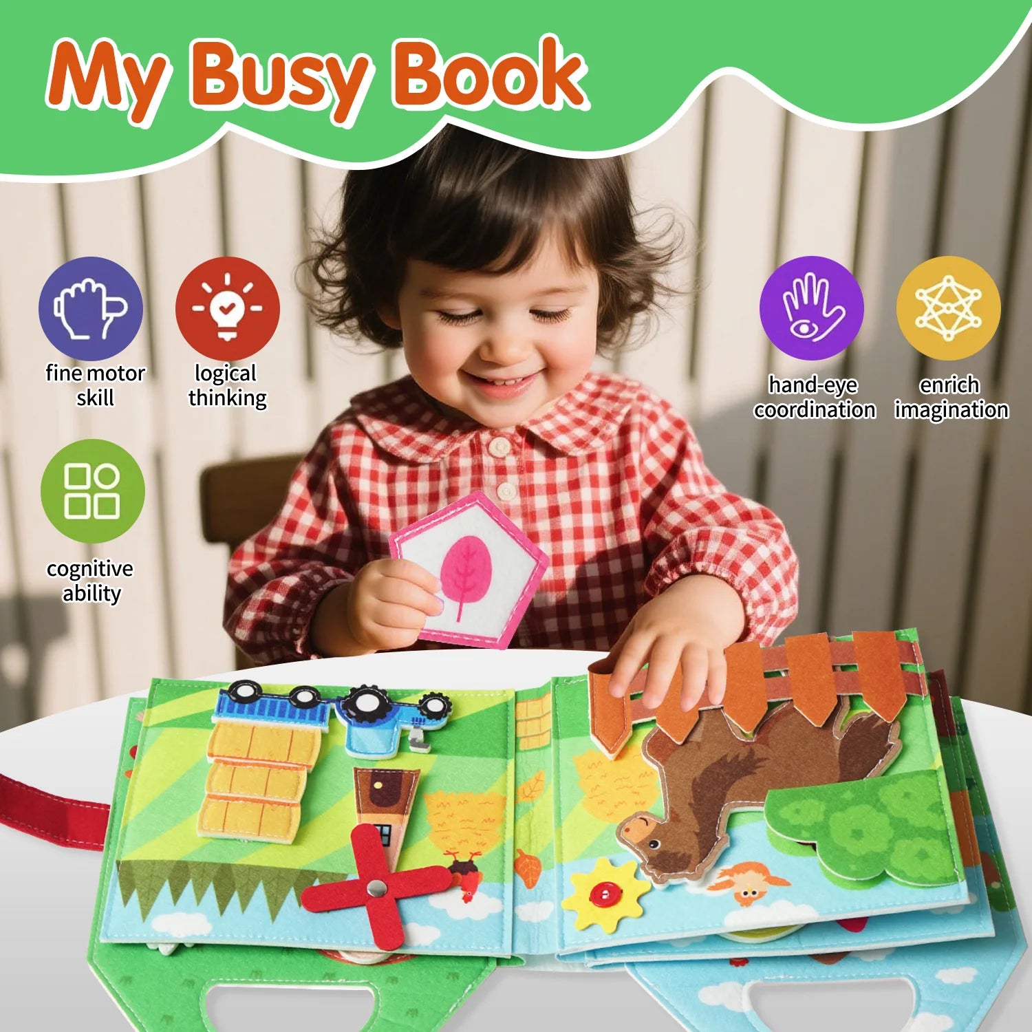 Busy Board 1 Year Old - Farm Animals Quiet Busy Book for Toddlers Aged 1-3-Montessori Toys for Boys and Girls, Learning Activiy