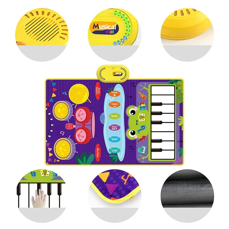 Baby Musical Piano Drum Play Mat 2 in 1 for Kids Toddlers Floor Keyboard Dance Mat with Sounds Baby Toy Music Blanket