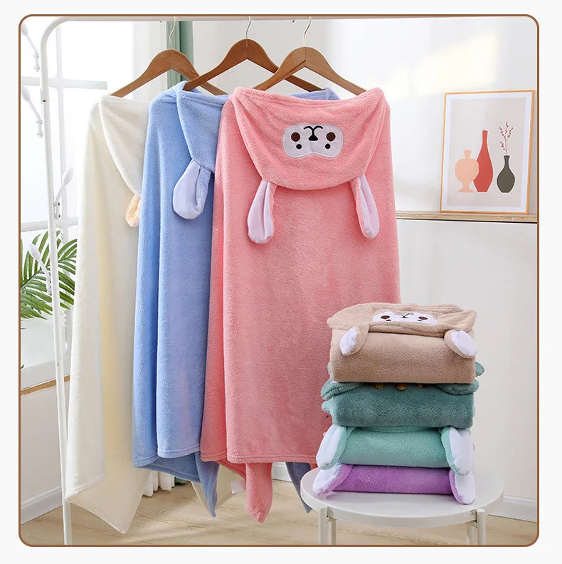 Cartoon Animal Hooded Bath Towel for Kids Coral Fleece Super Absorbent Non Shedding Bathrobe Cape for Toddler Baby