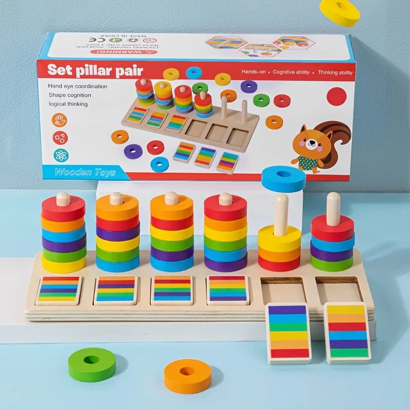Montessori Wooden Rainbow Stacker Set | Color Sorting & Memory Matching Peg Board | Preschool Early Education STEM Toy