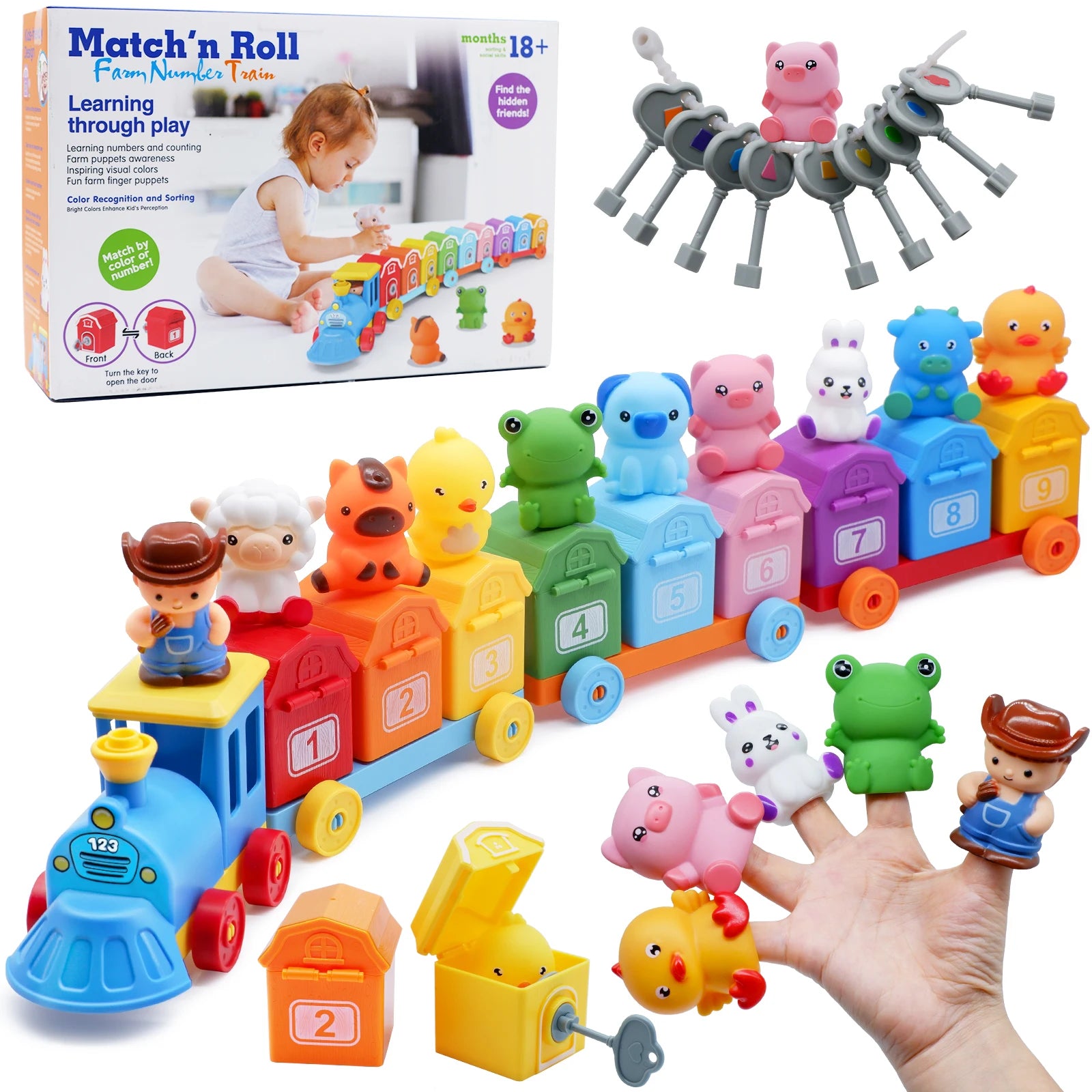 Montessori Farm Train/Surprise Party Set for Toddlers Learning Counting, Matching & Sorting Fine Motor Skills,Preschool Toy Gift