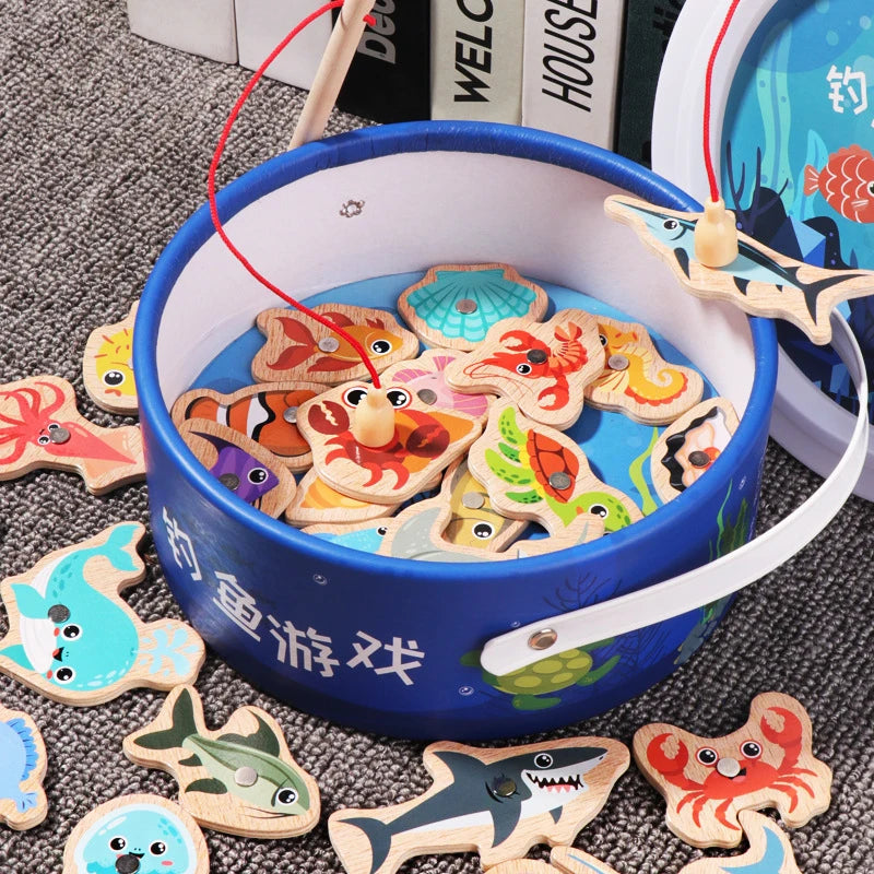Montessori Wooden Magnetic Fishing Toys Marine Life Cognition Fish Games Early Educational Toy for Kids Parent-child Interactive