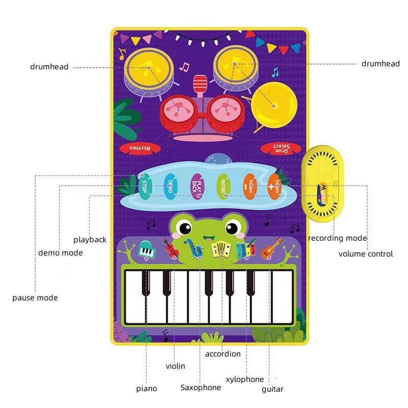 Baby Musical Piano Drum Play Mat 2 in 1 for Kids Toddlers Floor Keyboard Dance Mat with Sounds Baby Toy Music Blanket