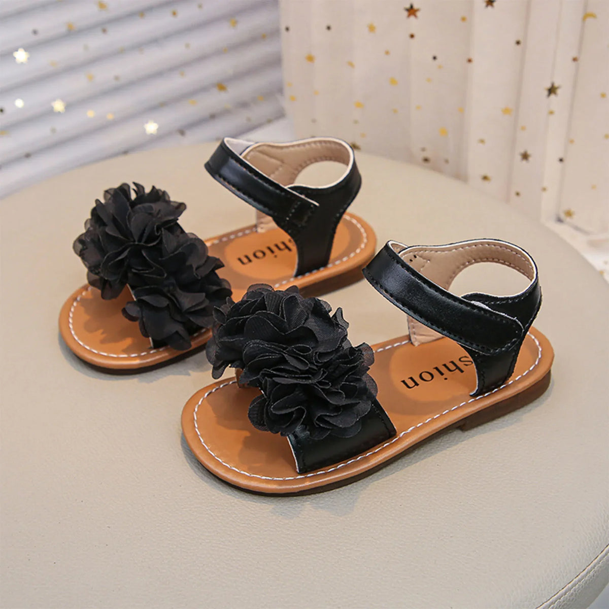 Cute Baby Flower Decoration Open Toed Summer Sandals Princess PU Leather Casual Rubber Sole Non-Slip Sandals Walking Shoes