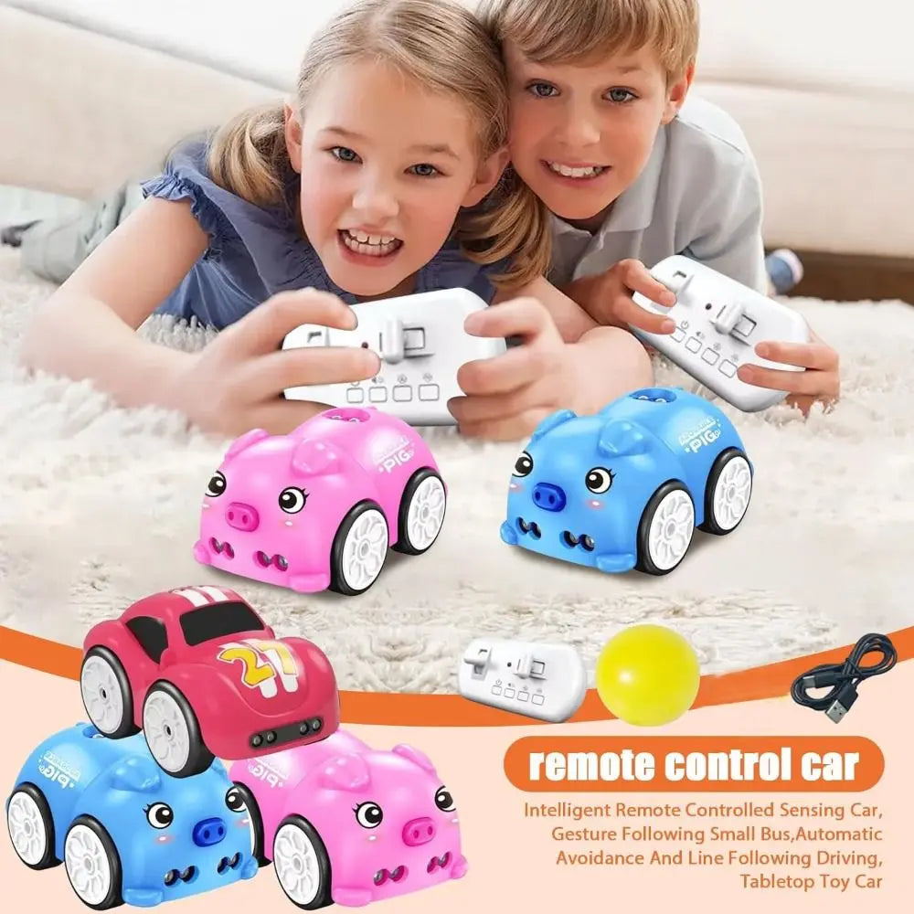 Creative Gift Rc-Controlled Magic Follows Line Car with 5 Play Modes Rechargeable Magic Mini Bus Toy Pig Pattern Magic Mini Bus