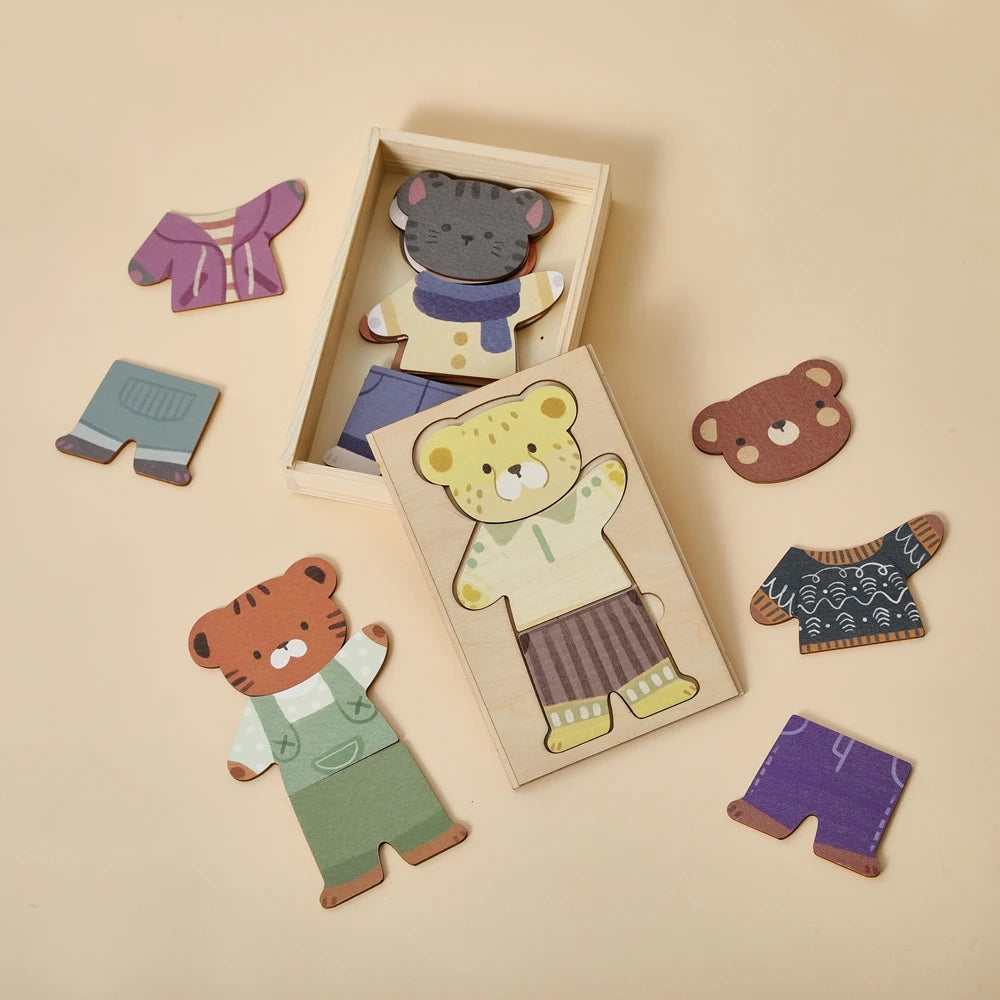 Wooden Dress Up Puzzles Montessori Toys Dressing Animal Bear Change Clothes Jigsaw Puzzle Box Kid's Travel Set Matching Games