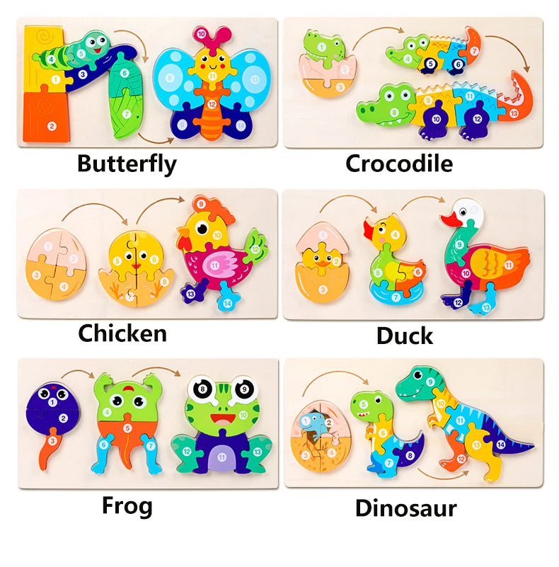 Wooden Animal Growth Puzzles For Toddlers,Cartoon Learning Educational Toys, Children's Early Education Toys