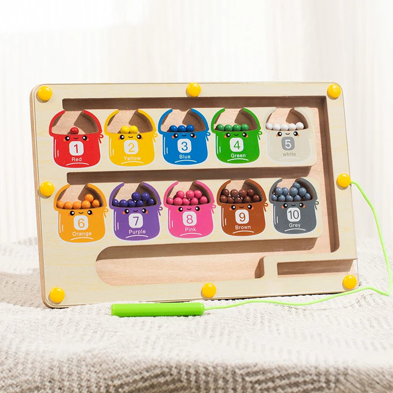 Toddler Montessori Toys 2 in 1 Wooden Magnetic Color & Number Maze With Drawing Board Color Sorting Counting Matching Toy