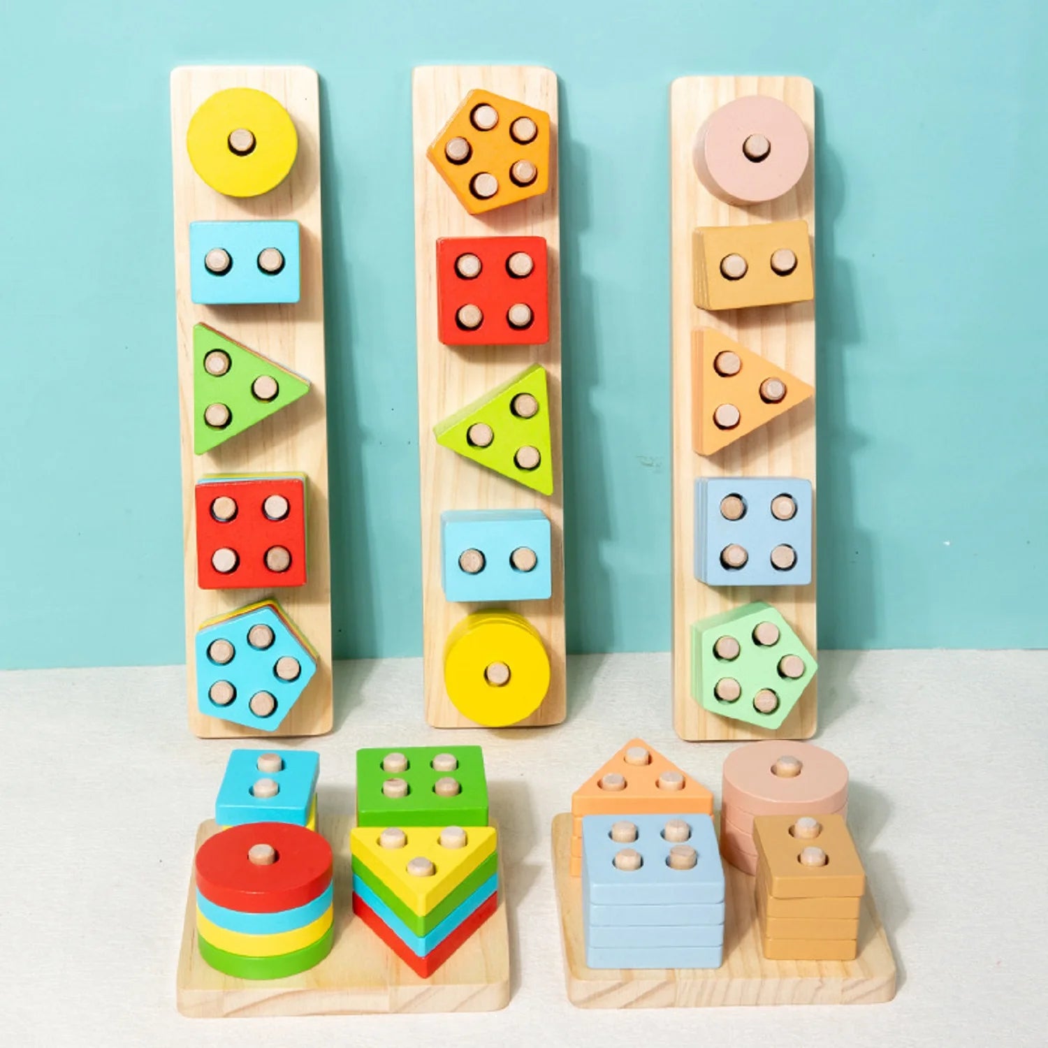 Wooden set of post building blocks baby fine motor toddler early education geometric shape matching color cognition classificati