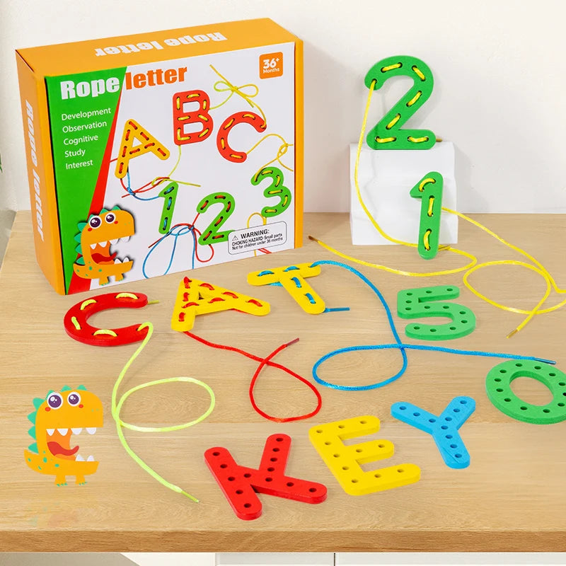 Wooden Number Letter Rope Game Early Education Cognitive Handmade Rope Letter Educational Toys Hand Eye Coordination Training
