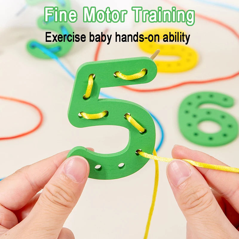 Wooden Number Letter Rope Game Early Education Cognitive Handmade Rope Letter Educational Toys Hand Eye Coordination Training